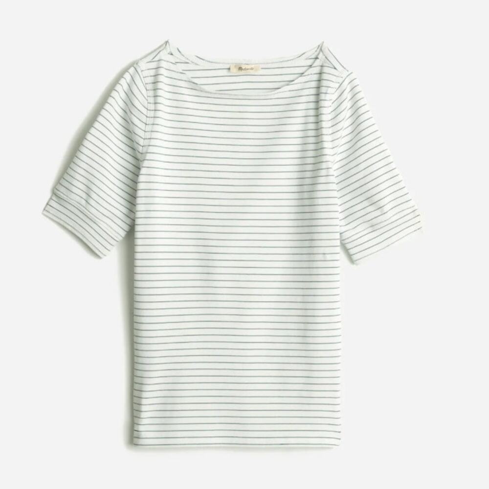 Madewell Ribbed Boatneck Tee Womens S White Blue Striped Stretch Short Sleeve